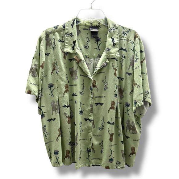 Outlander Womens Floral Woven Button-Up Shirt Blouse Green Print Fraser 2X - Picture 2 of 5